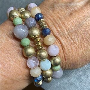 Set of 3 Stretch Beaded Bracelets | Mixed Stone & Antique Gold Tone Beads